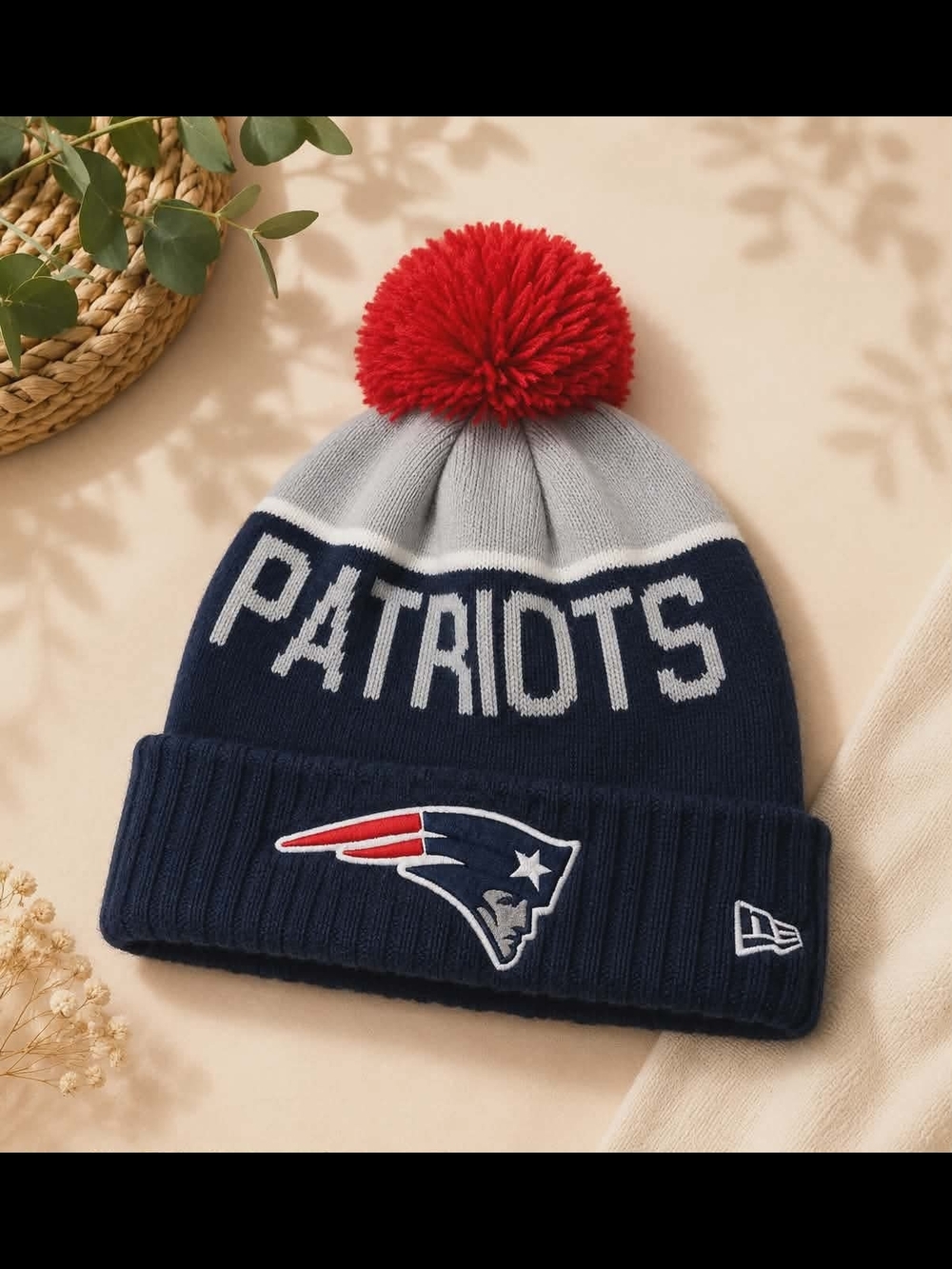 New Era Patriots Knit Pom Beanie - Navy Gray Red
